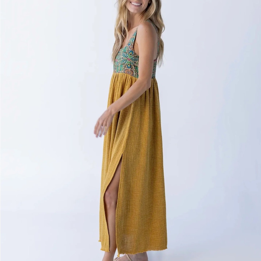 Mustard Maxi Dress with Green Floral Bodice - Picture 2 of 7